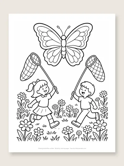 Chasing butterflies outside: butterfly coloring page