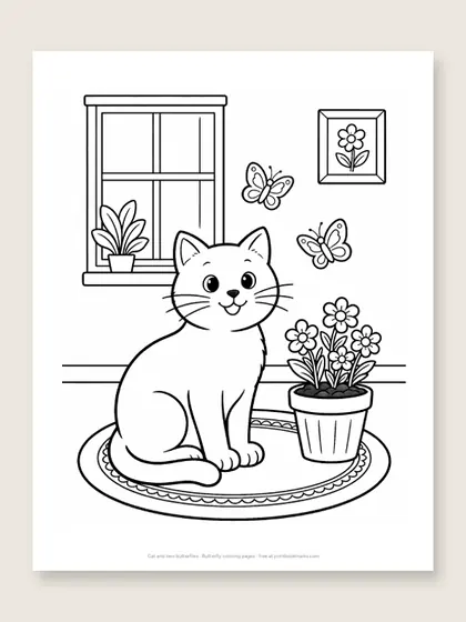 Cat and two butterflies: butterfly coloring page