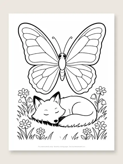 Fox under butterfly wings: fox coloring page