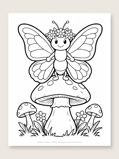 Butterfly on a mushroom: butterfly coloring page