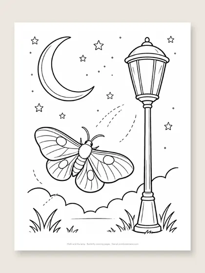 Moth and the lamp: butterfly coloring page