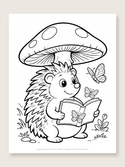 Hedgehog reads with a butterfly: butterfly coloring page