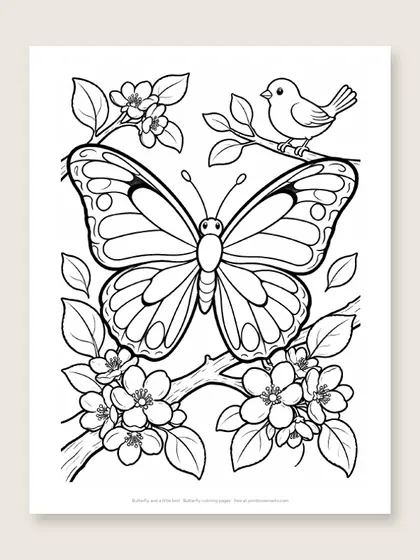 Butterfly and a little bird: butterfly coloring page