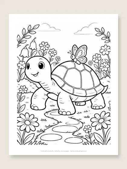 Turtle with a butterfly: butterfly coloring page