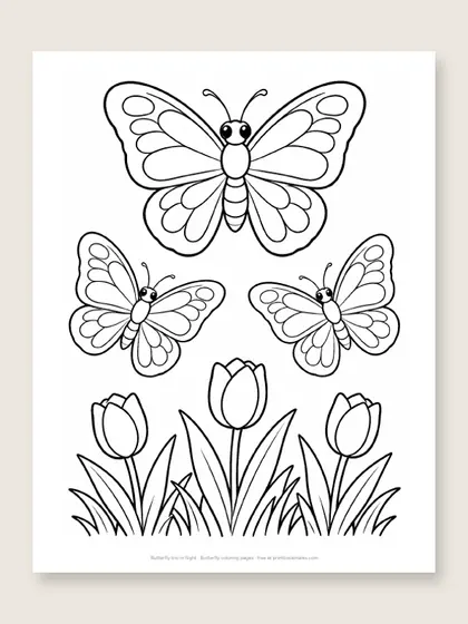 Butterfly trio in flight: butterfly coloring page
