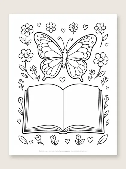 Butterfly over a storybook: butterfly coloring page