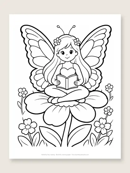 Butterfly fairy reading: butterfly coloring page