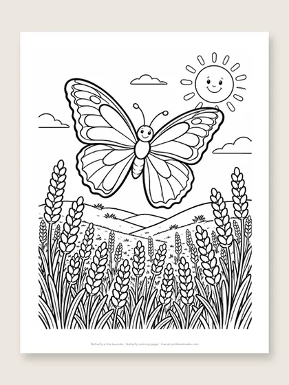 Butterfly in the lavender: butterfly coloring page