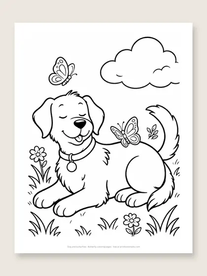 Dog and butterflies: butterfly coloring page