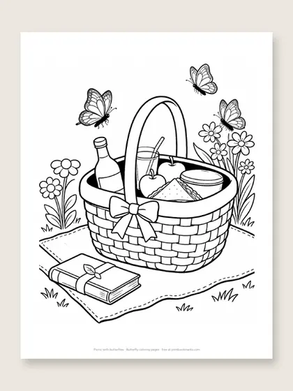 Picnic with butterflies: butterfly coloring page