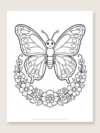 Butterfly in a flower ring: butterfly coloring page