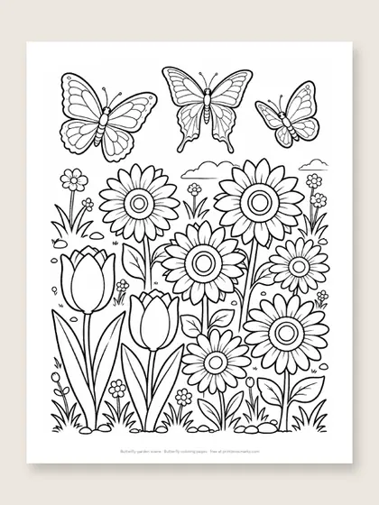 Butterfly garden scene: butterfly coloring page