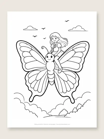 Riding a butterfly: butterfly coloring page