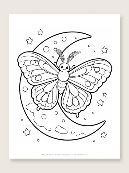 Moth under the stars: butterfly coloring page
