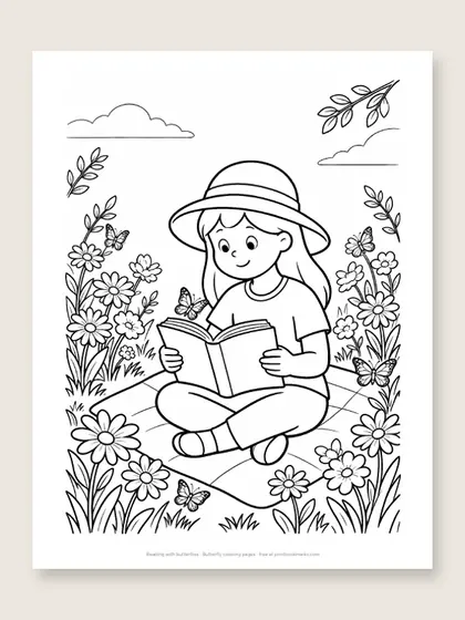 Reading with butterflies: butterfly coloring page