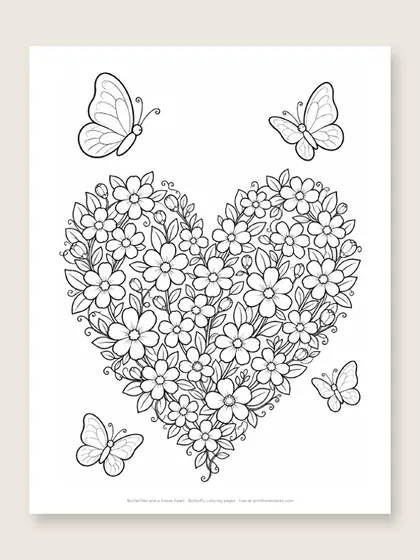 Butterflies and a flower heart: butterfly coloring page