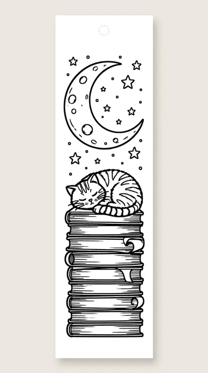 Cat asleep on a stack of books: coloring bookmark