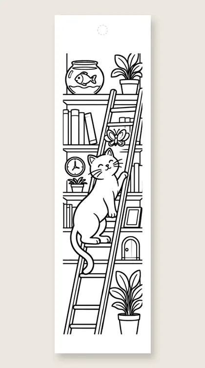 Cat on a library ladder: cat coloring bookmark