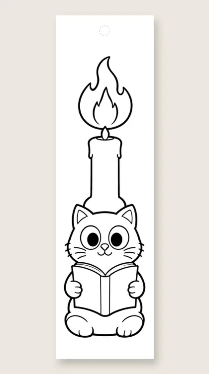 Cat reading by candlelight: cat coloring bookmark