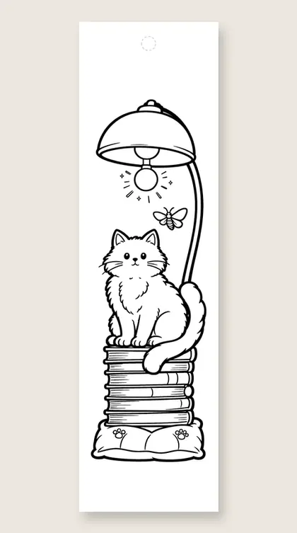 Cat reading beneath a curved lamp: cat coloring bookmark