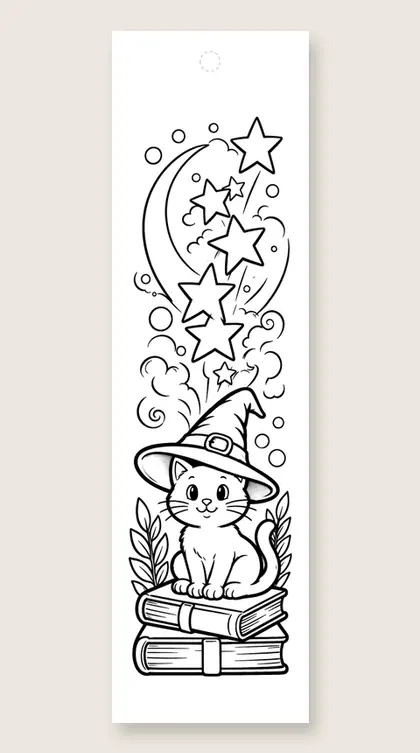 Wizard cat on spellbooks: cat coloring bookmark