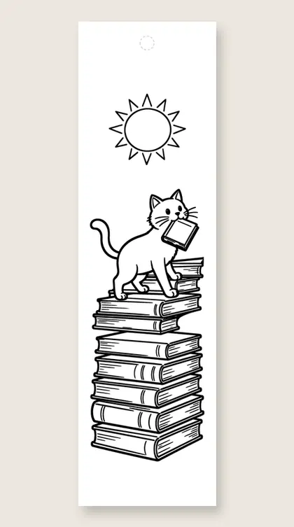 Cat carrying a book upstairs: cat coloring bookmark