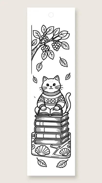 Autumn cat with a book: cat coloring bookmark