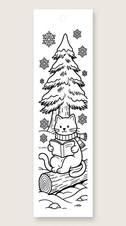Winter cat reading outdoors: cat coloring bookmark