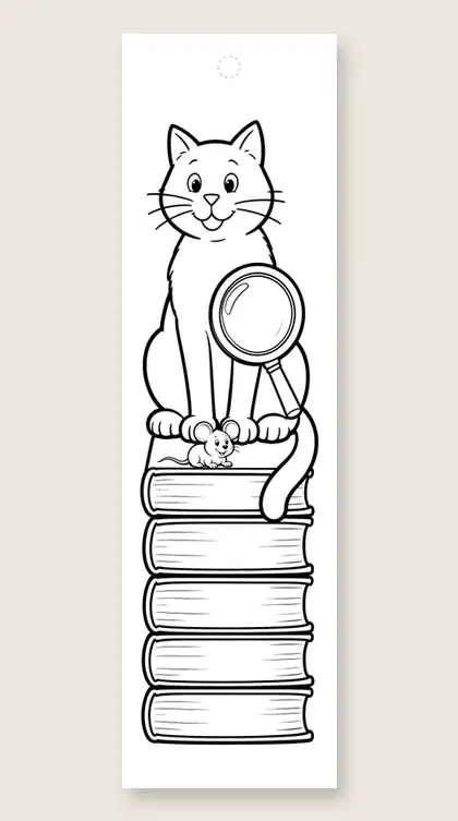 Detective cat and a mouse: cat coloring bookmark