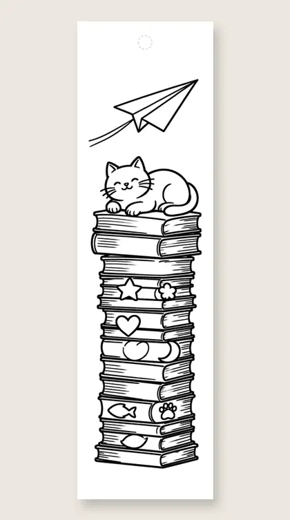 Cat napping above a book tower: cat coloring bookmark