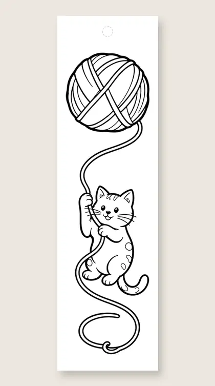 Kitten on a strand of yarn: coloring bookmark