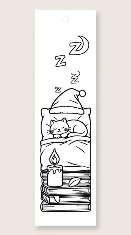 Sleepy cat in a night cap: cat coloring bookmark