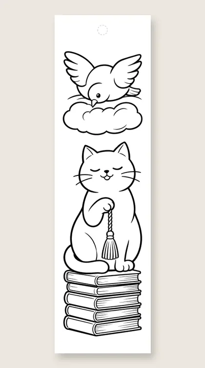 Cat playing with a bookmark tassel: cat coloring bookmark