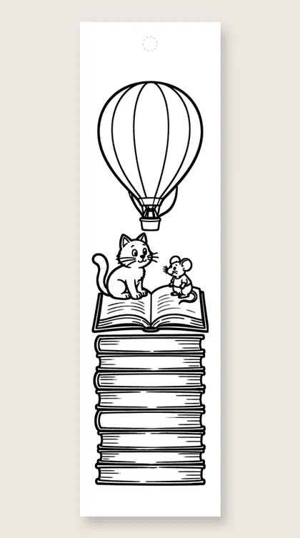 Cat and mouse reading together: cat coloring bookmark
