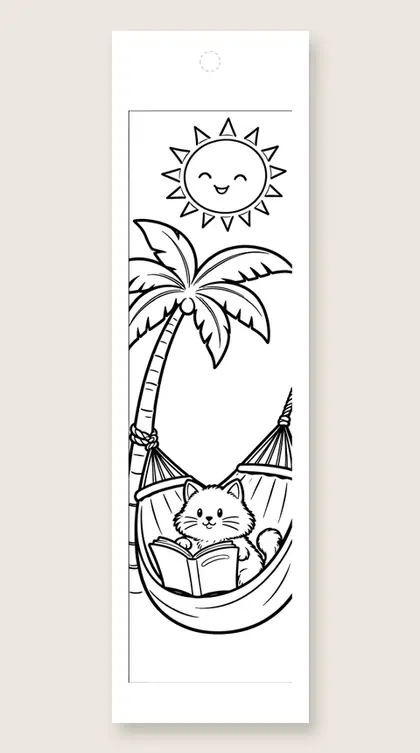 Cat reading in a hammock: cat coloring bookmark