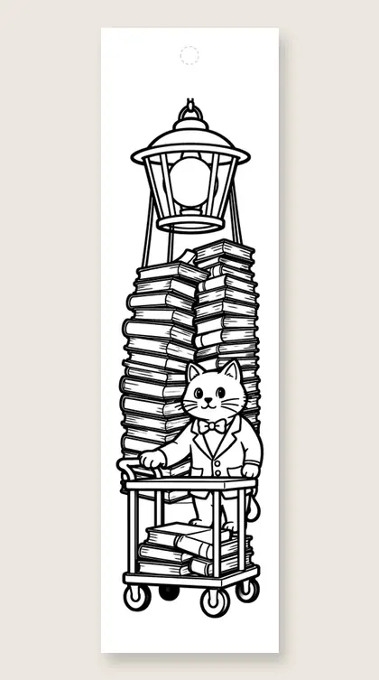 Librarian cat with a book cart: cat coloring bookmark