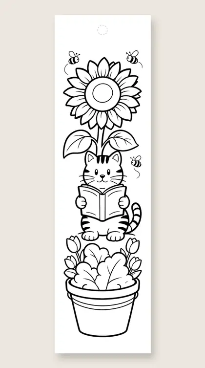 Kitten reading by a sunflower: cat coloring bookmark