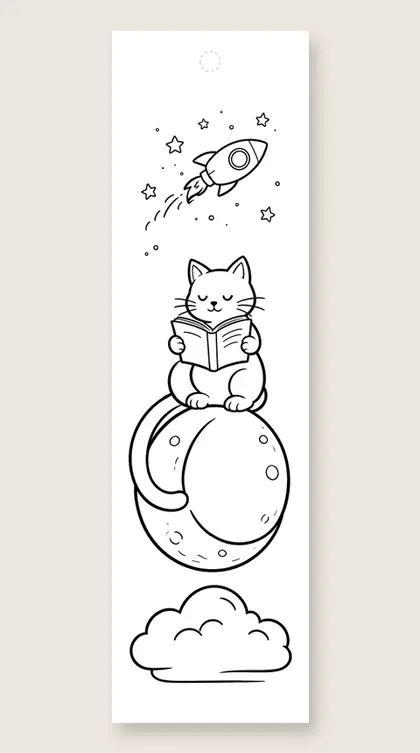Cat reading on the moon: cat coloring bookmark