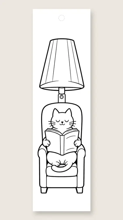 Cat reading in an armchair: coloring bookmark