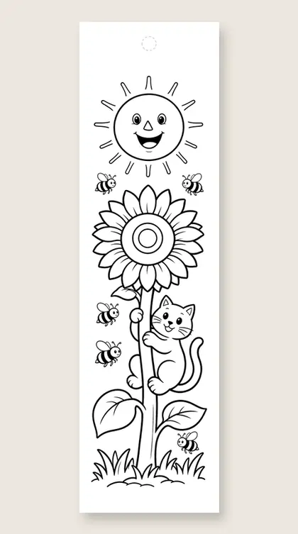 Cat climbing a sunflower: cat coloring bookmark