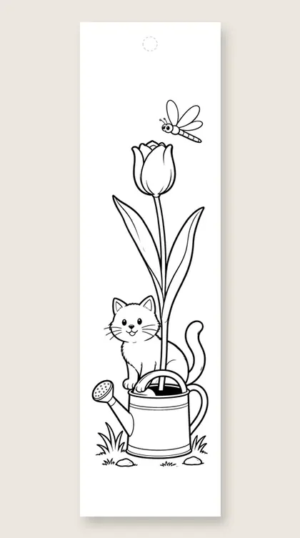Cat in a garden watering can: cat coloring bookmark