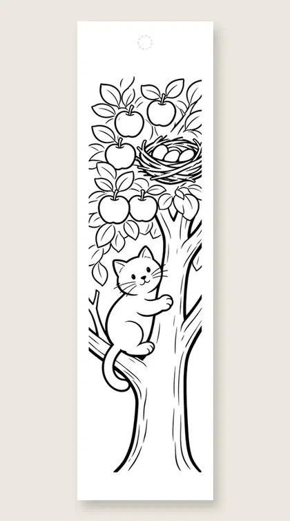 Cat in an apple tree: cat coloring bookmark