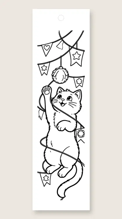 Kitten with party bunting: cat coloring bookmark