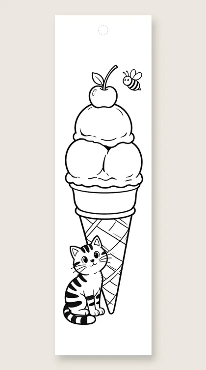Cat and a tall ice cream: cat coloring bookmark
