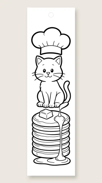 Chef cat on pancakes: cat coloring bookmark
