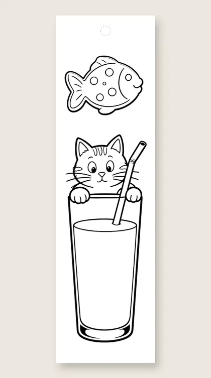 Cat and a tall milk glass: cat coloring bookmark