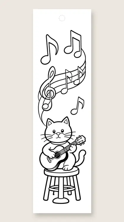 Cat playing a guitar: cat coloring bookmark