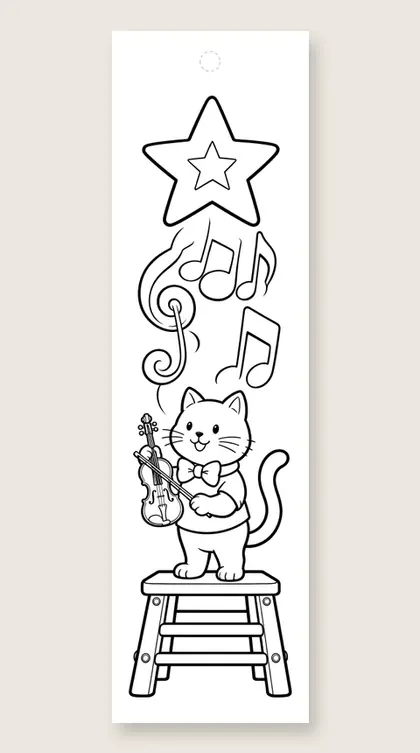 Cat playing a violin: cat coloring bookmark