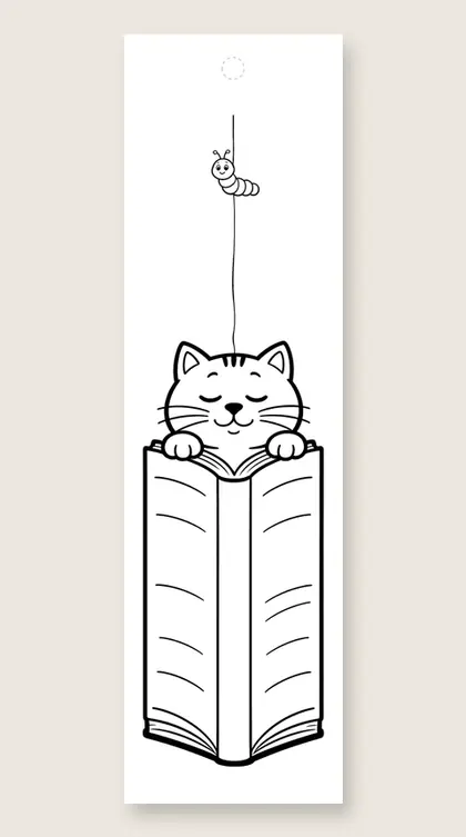 Cat peeking over an open book: coloring bookmark