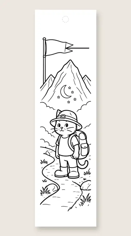 Cat traveller on a mountain path: cat coloring bookmark